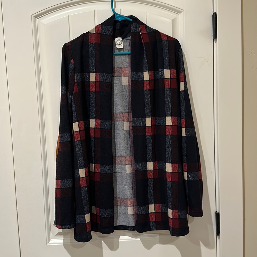 Flannel cardigan with suede elbow patches